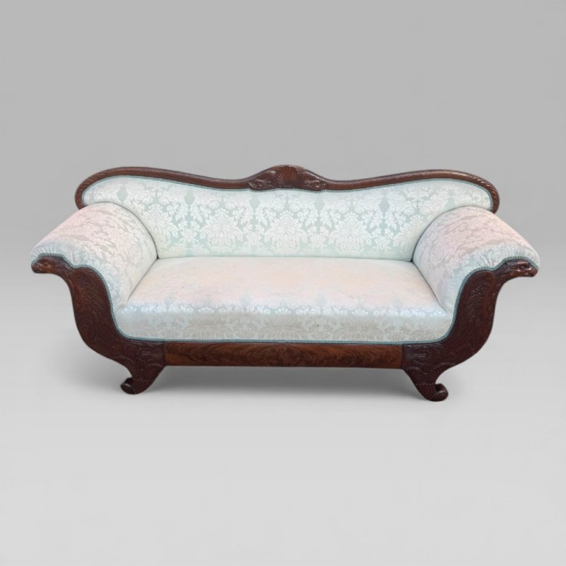 Antique 19th Century French Empire Flame Mahogany Sofa With Carved Details