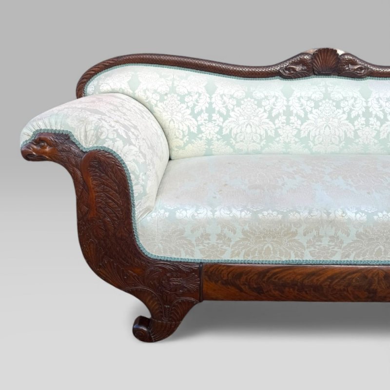 Antique 19th Century French Empire Flame Mahogany Sofa With Carved Details - Image 6