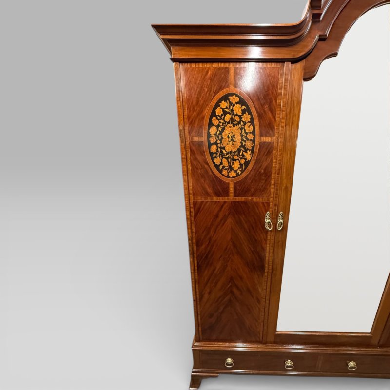 Antique Edwardian Mahogany Three-door Marquetry Inlaid Wardrobe With Mirror - Image 6