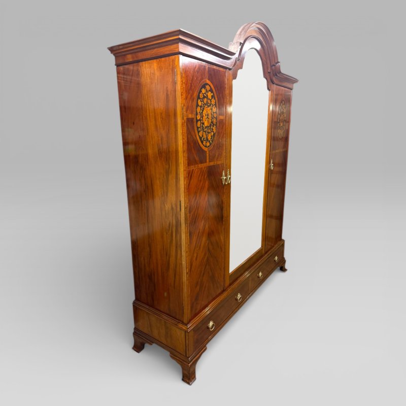 Antique Edwardian Mahogany Three-door Marquetry Inlaid Wardrobe With Mirror - Image 7