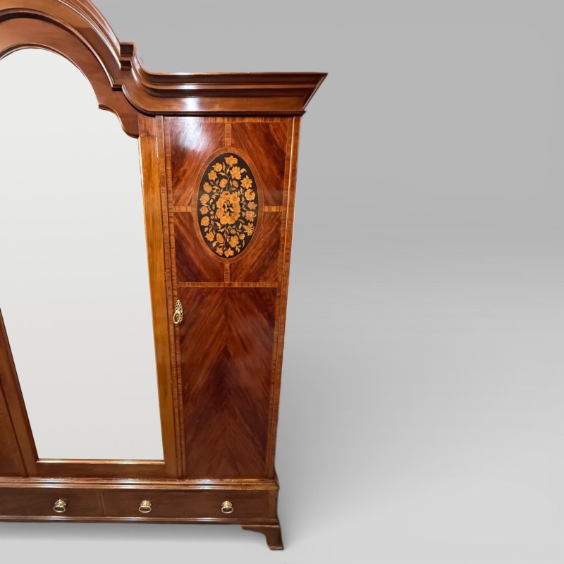 Antique Edwardian Mahogany Three-door Marquetry Inlaid Wardrobe With Mirror - Image 8