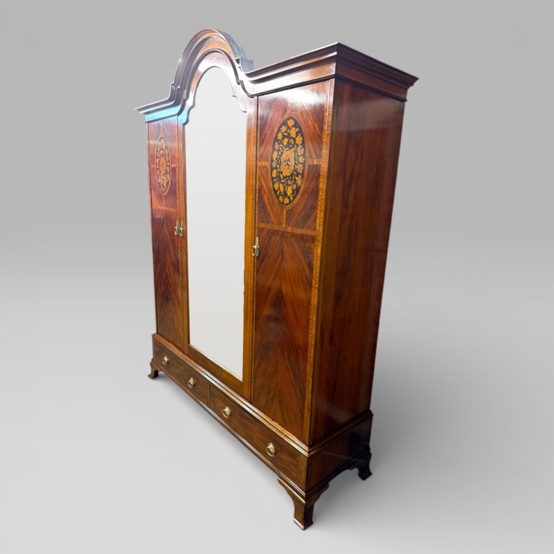 Antique Edwardian Mahogany Three-door Marquetry Inlaid Wardrobe With Mirror - Image 9