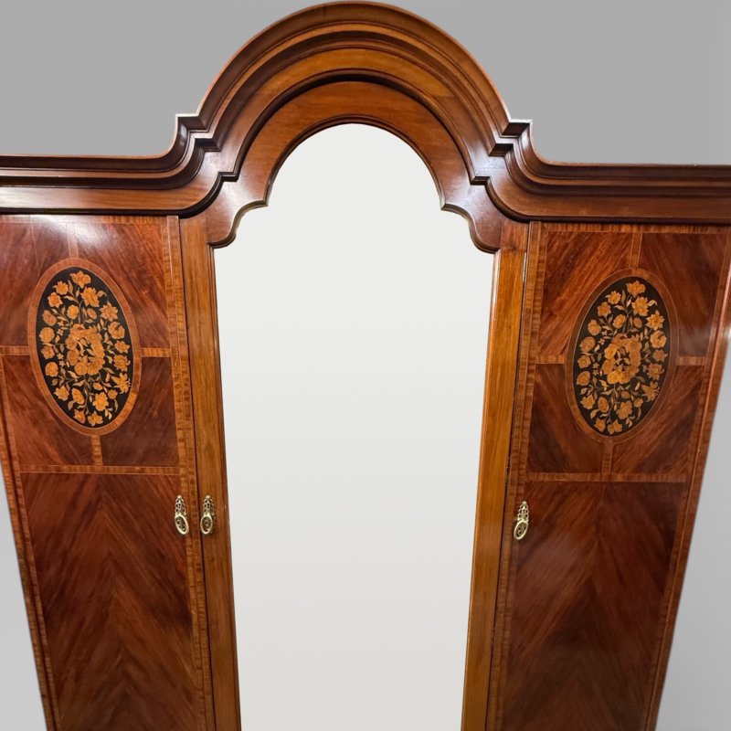Antique Edwardian Mahogany Three-door Marquetry Inlaid Wardrobe With Mirror - Image 10