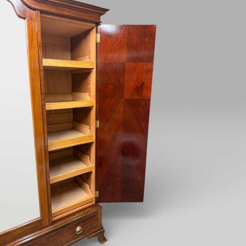 Antique Edwardian Mahogany Three-door Marquetry Inlaid Wardrobe With Mirror - Image 12