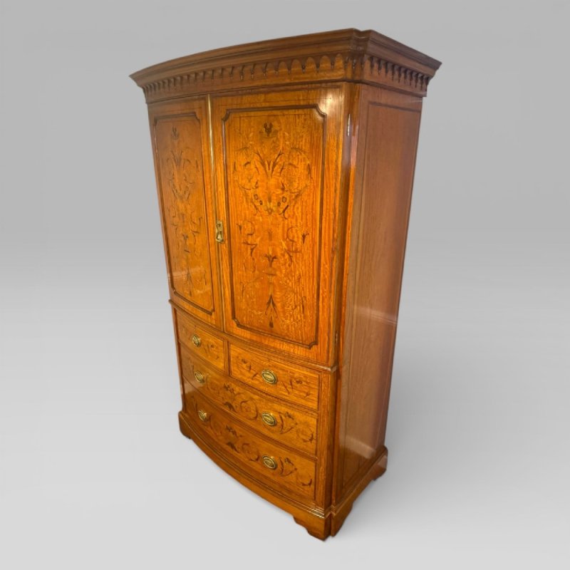 Antique Victorian Satinwood & Marquetry Inlaid Linen Press By S & H Jewell