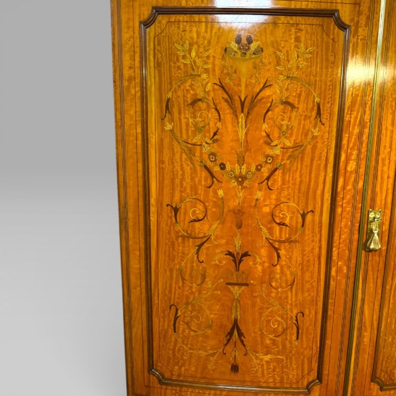 Antique Victorian Satinwood & Marquetry Inlaid Linen Press By S & H Jewell - Image 9