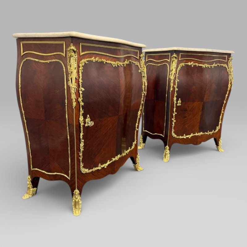 Antique Pair Of Late 19th Century French Kingwood Bombe Cabinets By E. Kahn