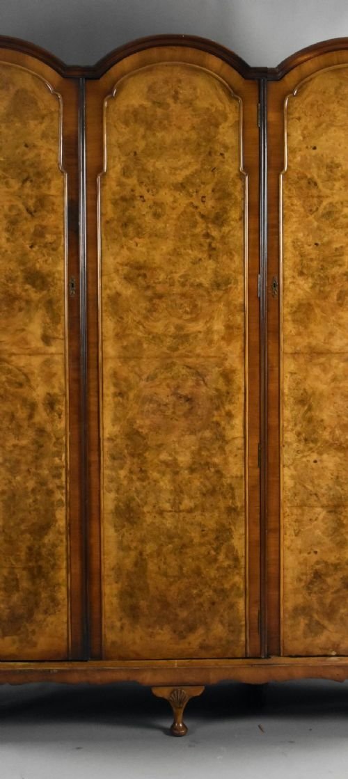 Queen Anne Style Burr Walnut Triple Wardrobe - Image 2