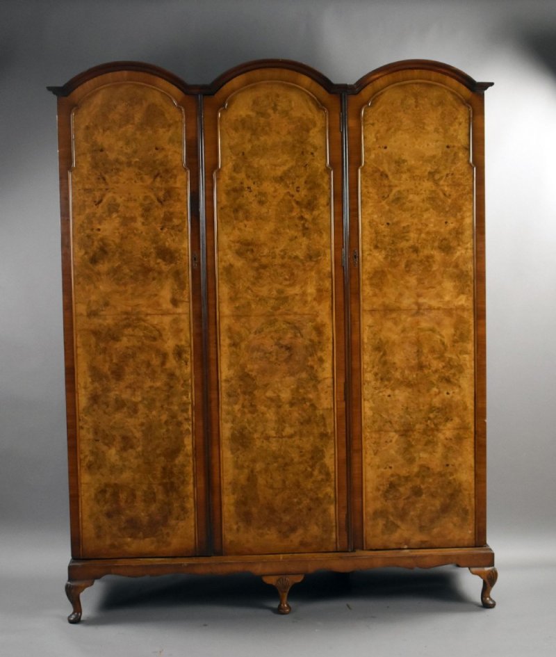 Queen Anne Style Burr Walnut Triple Wardrobe