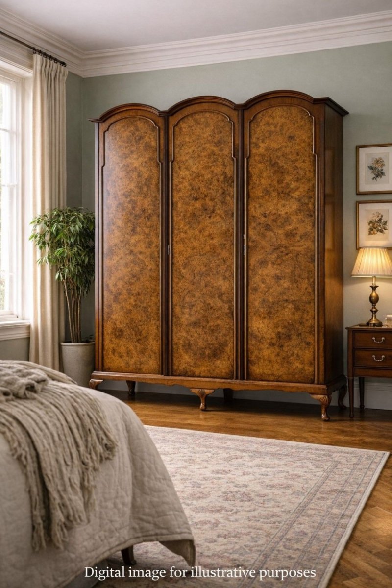 Queen Anne Style Burr Walnut Triple Wardrobe - Image 12