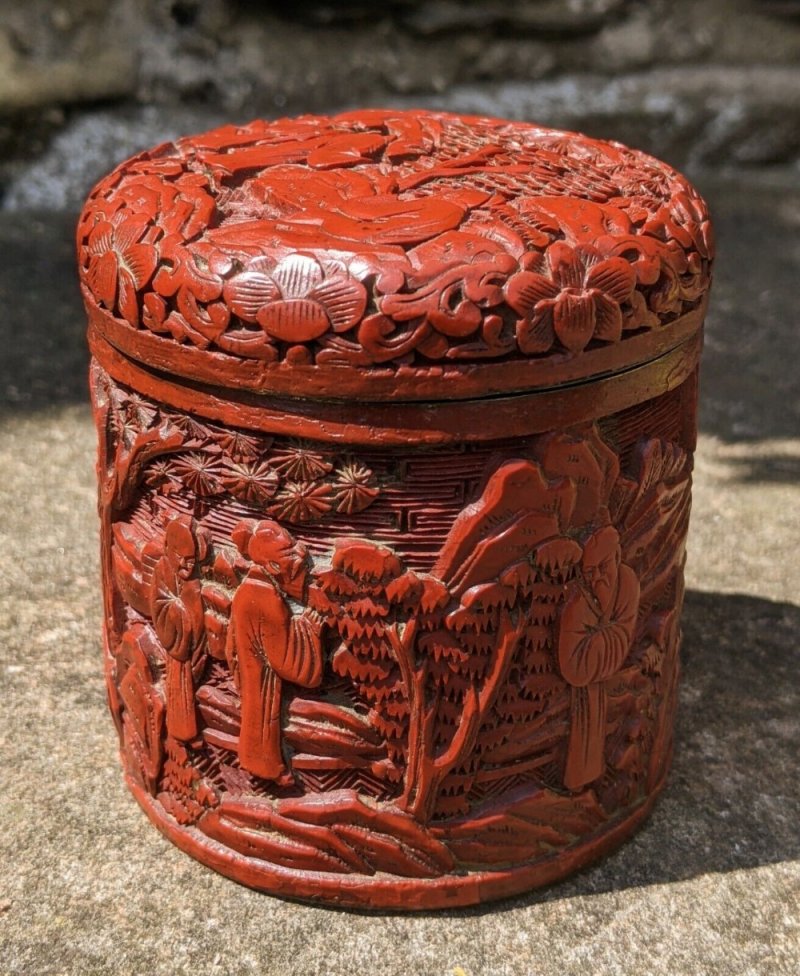 Chinese Hand Carved Red Cinnabar Lidded Box