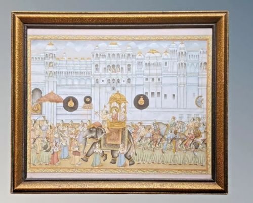 Good Indian Silk Painting Maharajah & Elephants