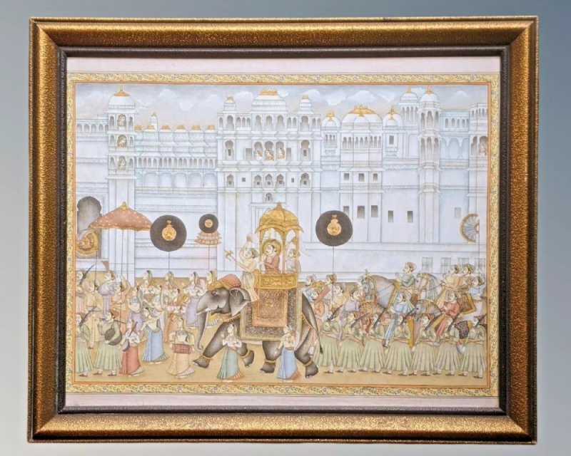 Good Indian Silk Painting Maharajah & Elephants - Image 10