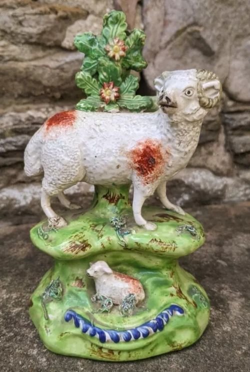 Antique Staffordshire Pottery - Walton - Pearlware Sheep & Lamb Figure