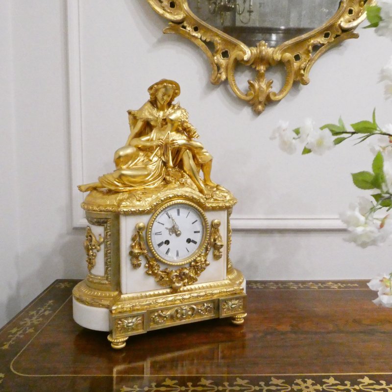 French Gilt Bronze & Marble Mantel Clock by Japy Freres