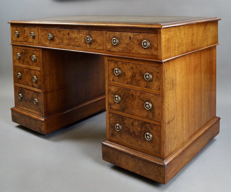 A Victorian Burr Walnut Pedestal Desk - Image 5