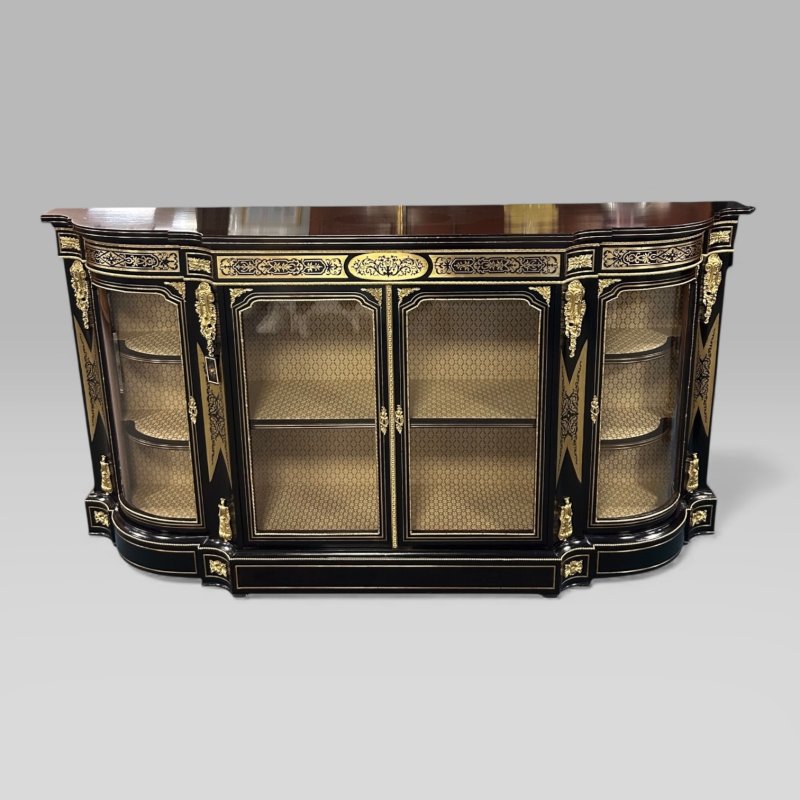 Antique Victorian Ebonised & Brass Ormolu Serpentine Boulle Credenza Sideboard