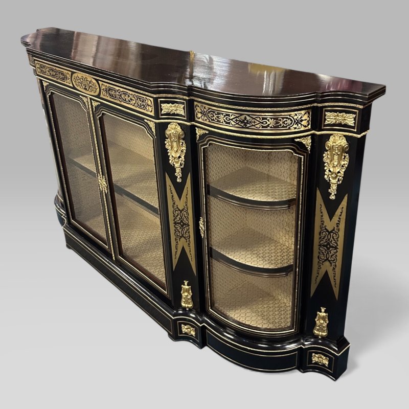 Antique Victorian Ebonised & Brass Ormolu Serpentine Boulle Credenza Sideboard - Image 3