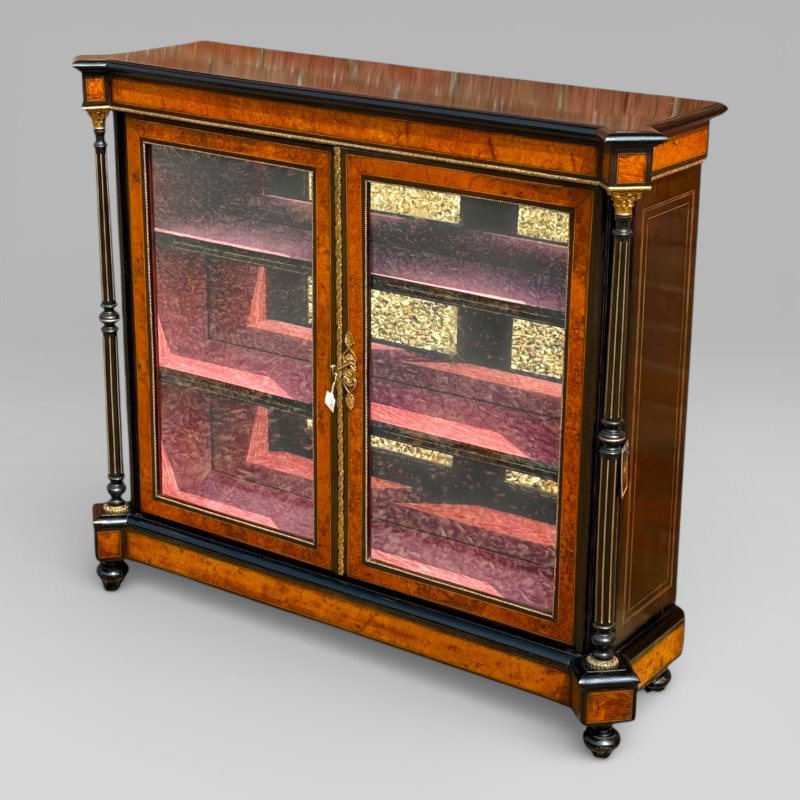 Victorian Aesthetic Movement Amboyna & Ebonised Glass Double Door Pier Cabinet