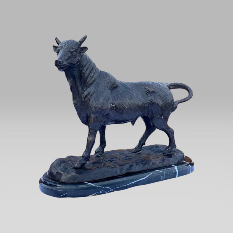 Vintage Farm Animal Bronze Horned Bull Statue With Black Marble Base After Barye