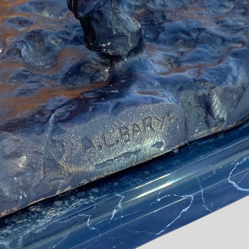 Vintage Farm Animal Bronze Horned Bull Statue With Black Marble Base After Barye - Image 7