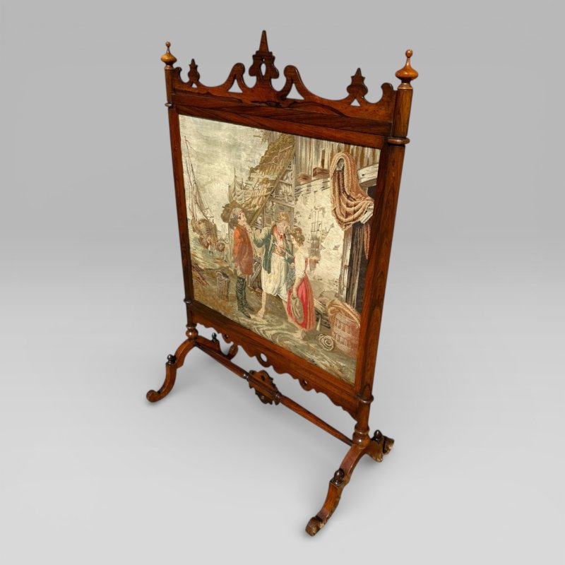 Antique English Victorian Rosewood & Needlework Cheval Fire Screen