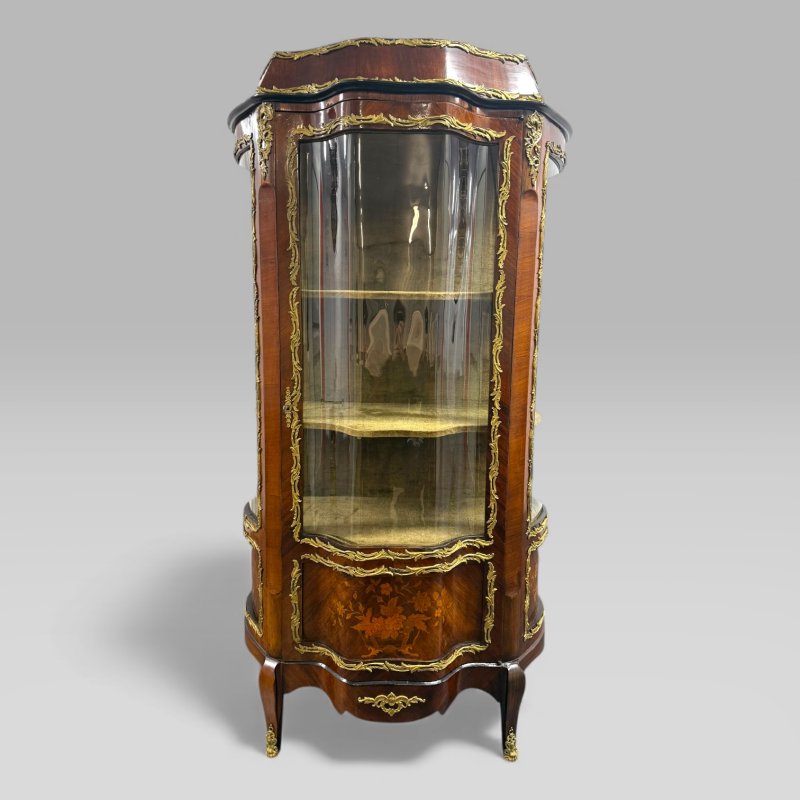 Antique French Louis XV Style Kingwood & Marquetry Vitrine Cabinet