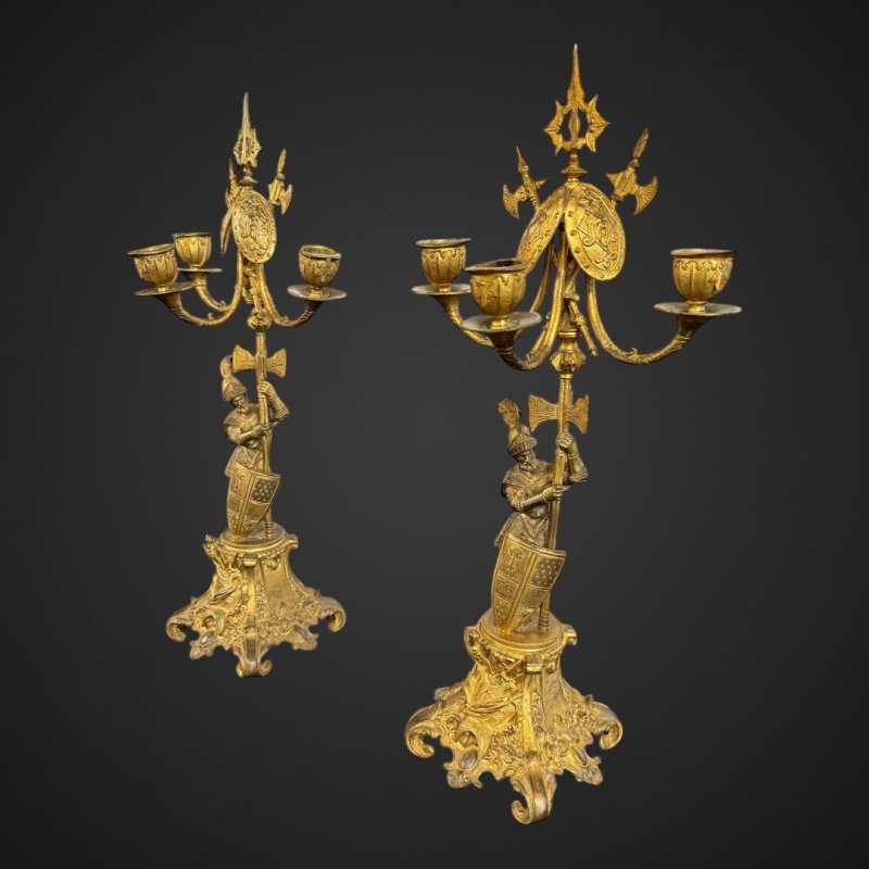 Antique Bronze-Gilt Knight Candelabra Pair, Late 19th Century Film Props - Image 2