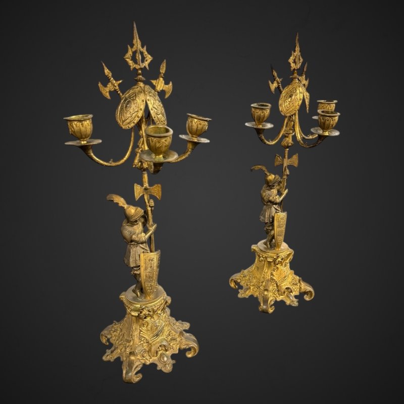 Antique Bronze-Gilt Knight Candelabra Pair, Late 19th Century Film Props - Image 3