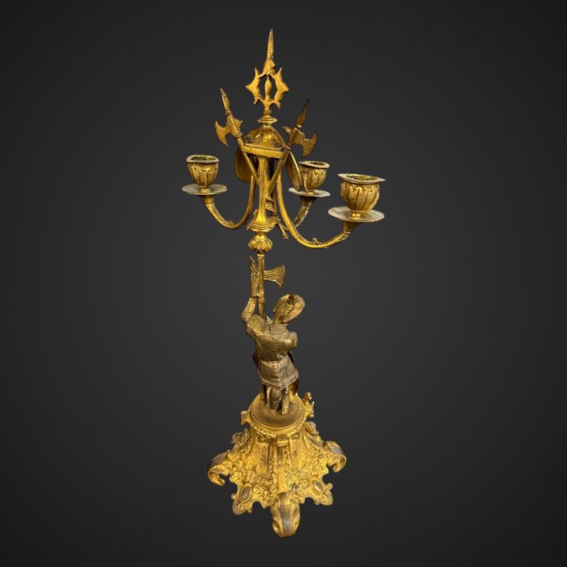 Antique Bronze-Gilt Knight Candelabra Pair, Late 19th Century Film Props - Image 6