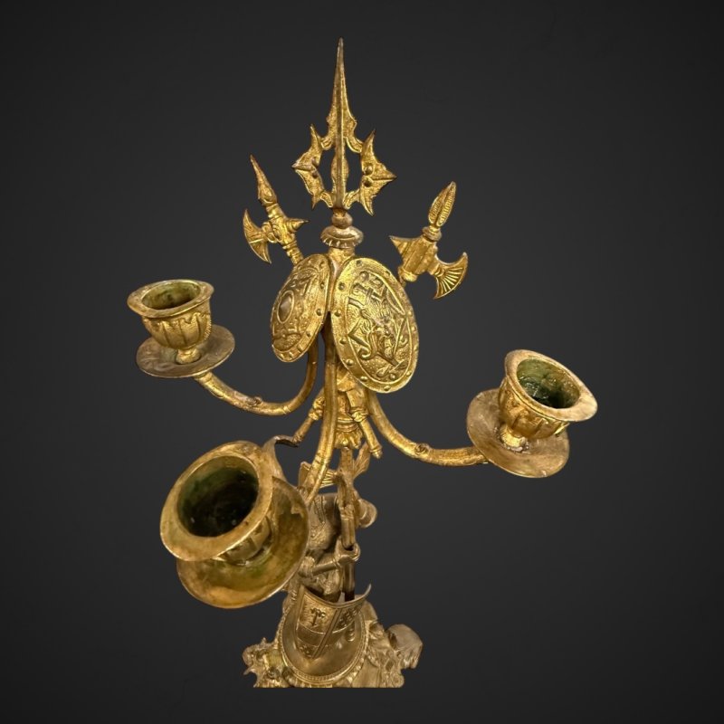 Antique Bronze-Gilt Knight Candelabra Pair, Late 19th Century Film Props - Image 24
