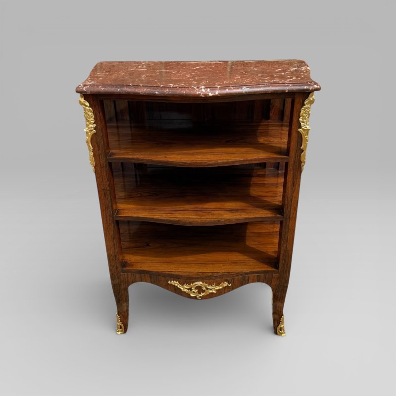 Antique French Rosewood & Marble Brass Ormolu Side Cabinet with Book Shelves