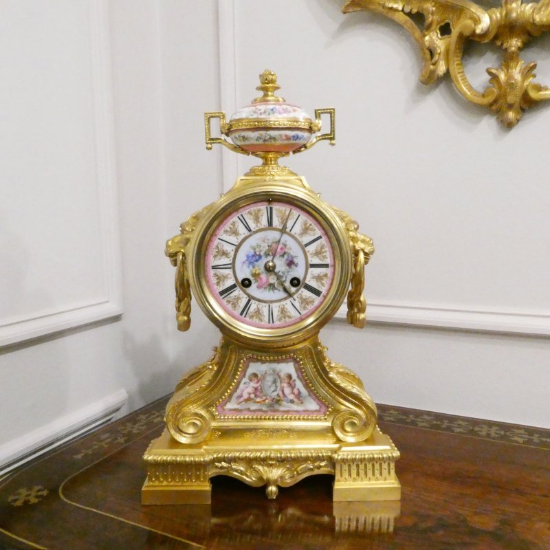 French Louis XV Style Gilt Bronze & Porcelain Mantel Clock by Jean-Baptiste Delettrez