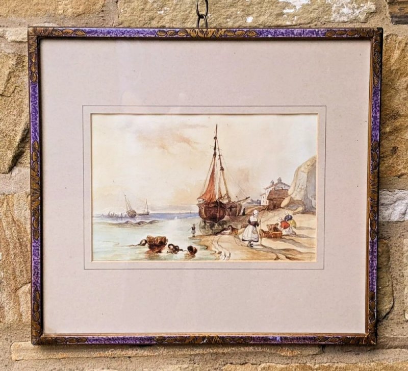 Antique Watercolour Painting In Hand Enamelled Polychrome Frame