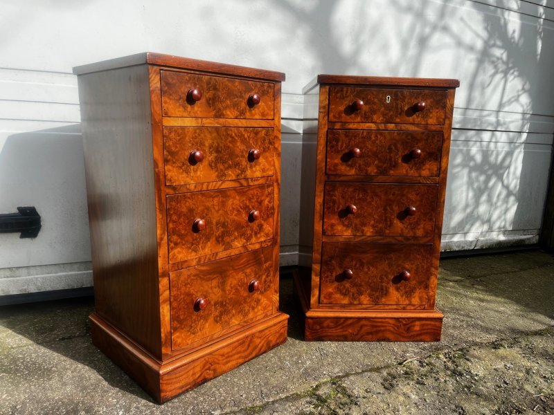 A Good Pair Of Victorian Period Burr Walnut Bedside Chests.