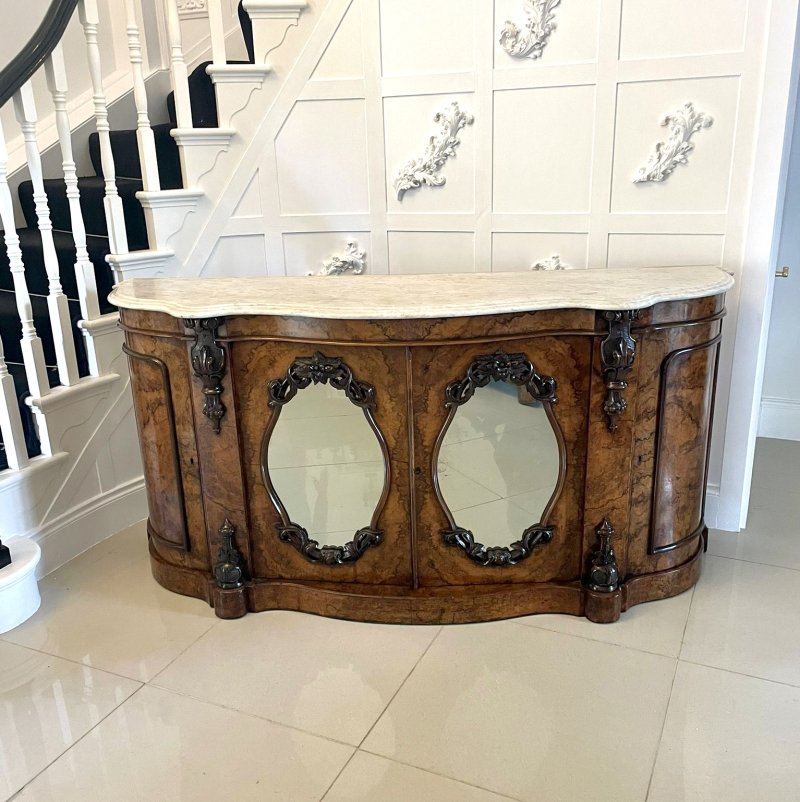 Outstanding Quality Antique Victorian Burr Walnut Marble Top Credenza/Sideboard - Image 3
