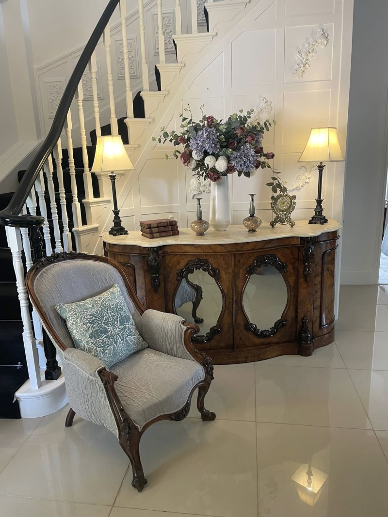 Outstanding Quality Antique Victorian Burr Walnut Marble Top Credenza/Sideboard - Image 4
