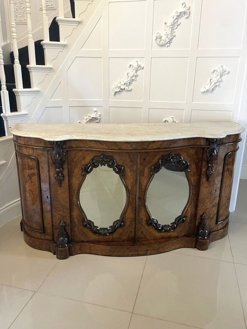 Outstanding Quality Antique Victorian Burr Walnut Marble Top Credenza/Sideboard