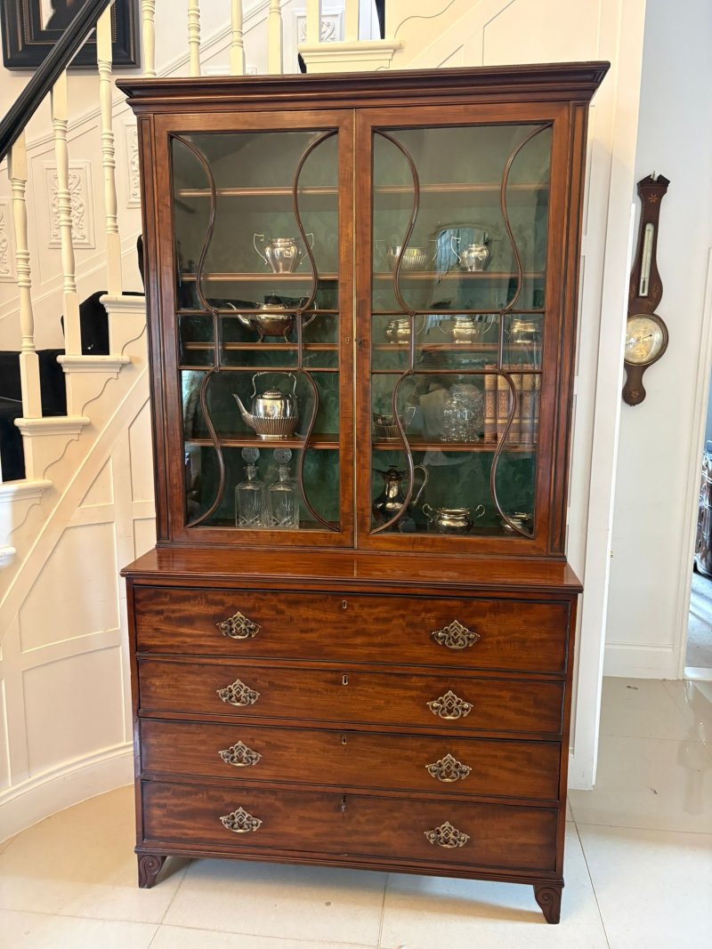 Antique Regency Figured Mahogany Secretaire Bookcase Desk With Glazed Doors and Fitted Interior - Image 2
