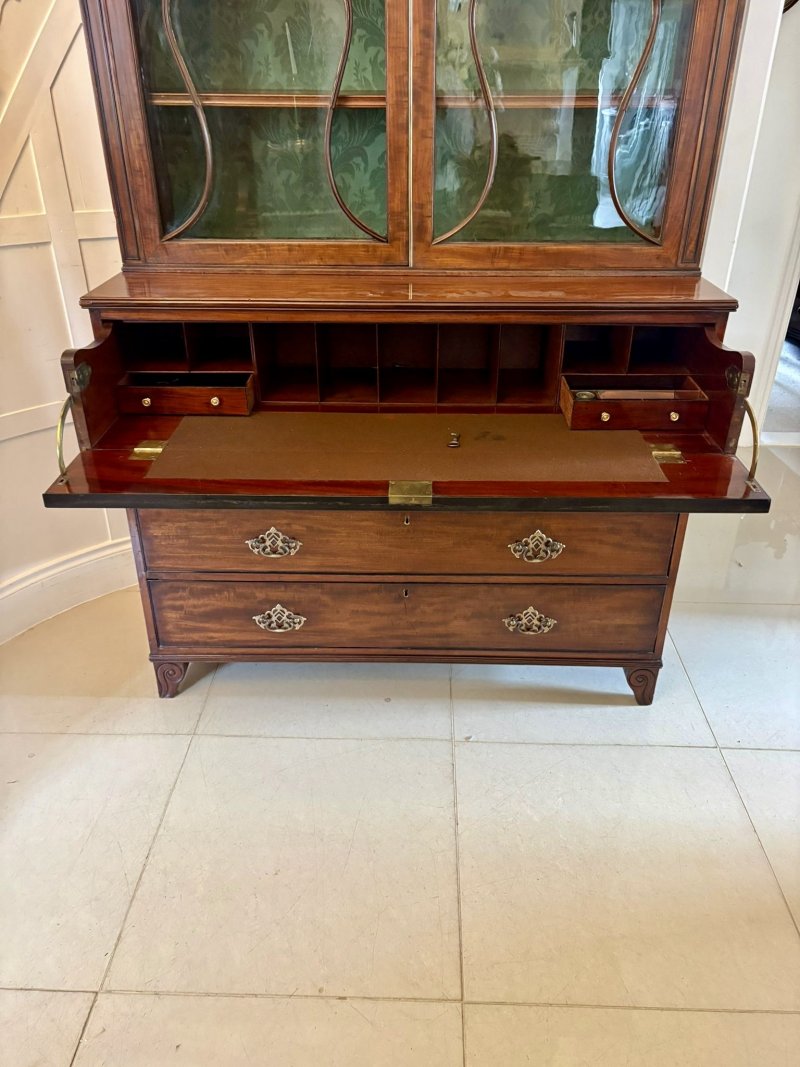 Antique Regency Figured Mahogany Secretaire Bookcase Desk With Glazed Doors and Fitted Interior - Image 7