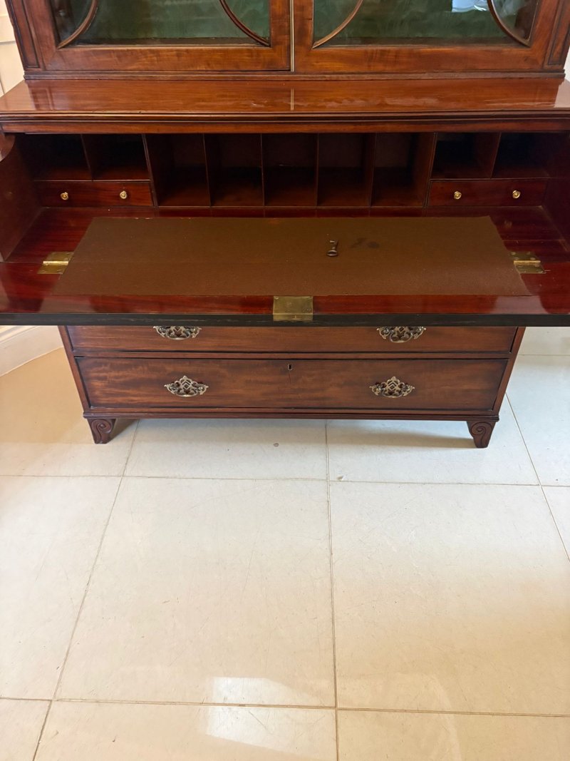 Antique Regency Figured Mahogany Secretaire Bookcase Desk With Glazed Doors and Fitted Interior - Image 11