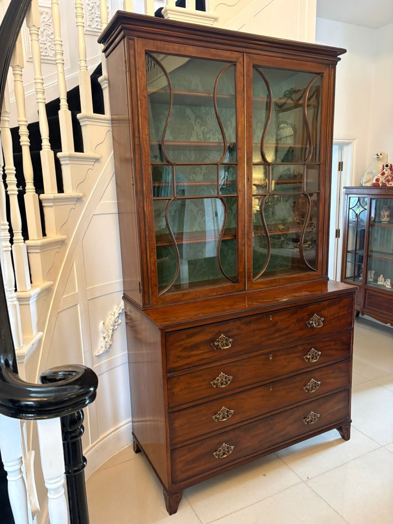 Antique Regency Figured Mahogany Secretaire Bookcase Desk With Glazed Doors and Fitted Interior - Image 4