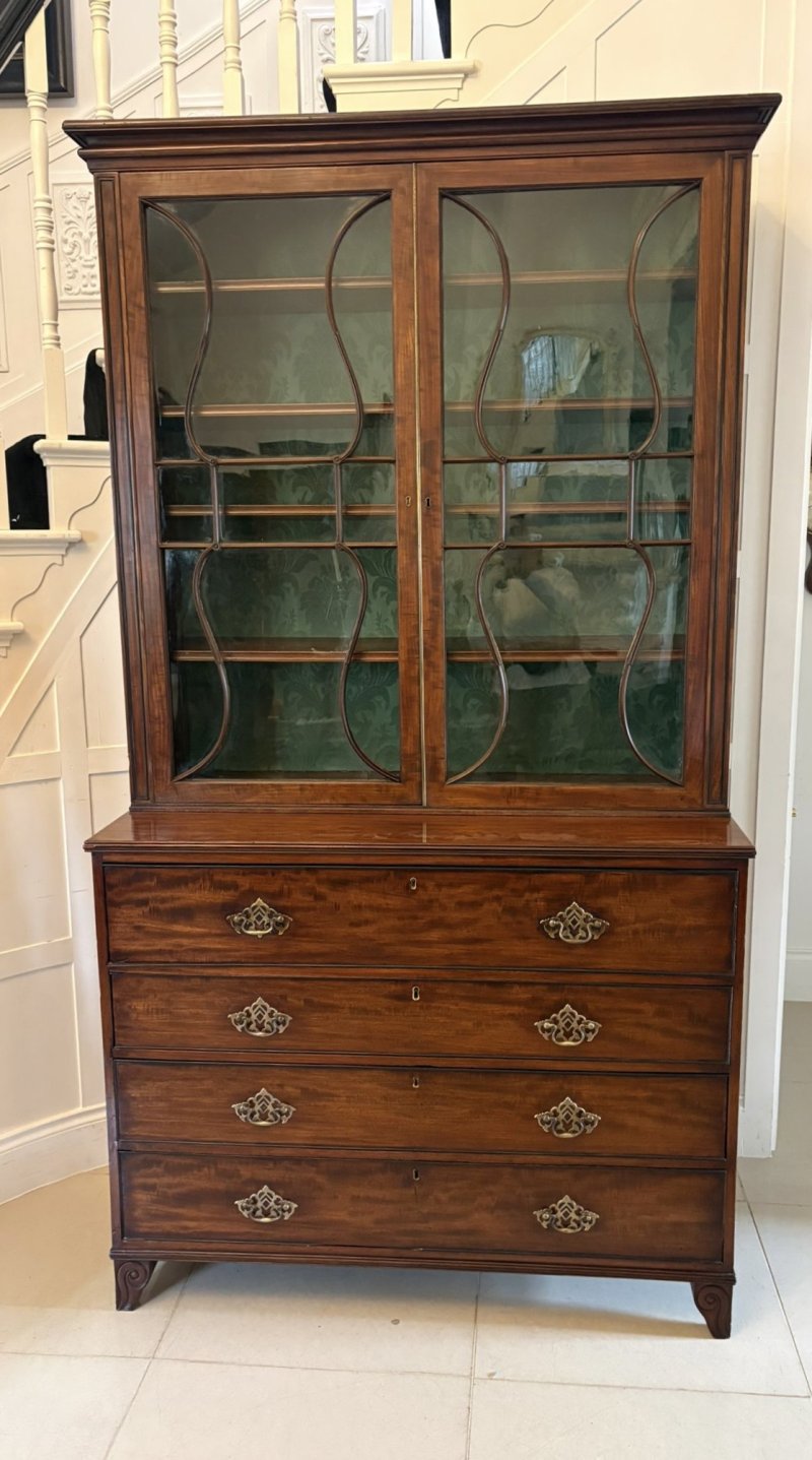 Antique Regency Figured Mahogany Secretaire Bookcase Desk With Glazed Doors and Fitted Interior