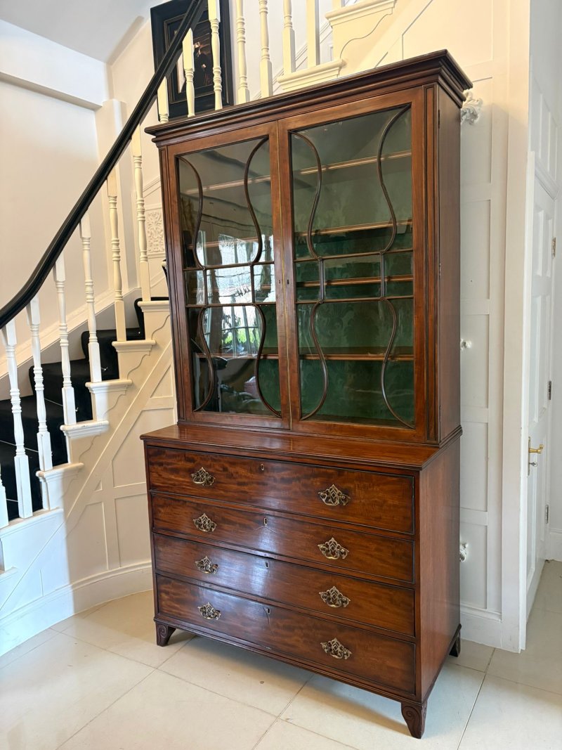 Antique Regency Figured Mahogany Secretaire Bookcase Desk With Glazed Doors and Fitted Interior - Image 3