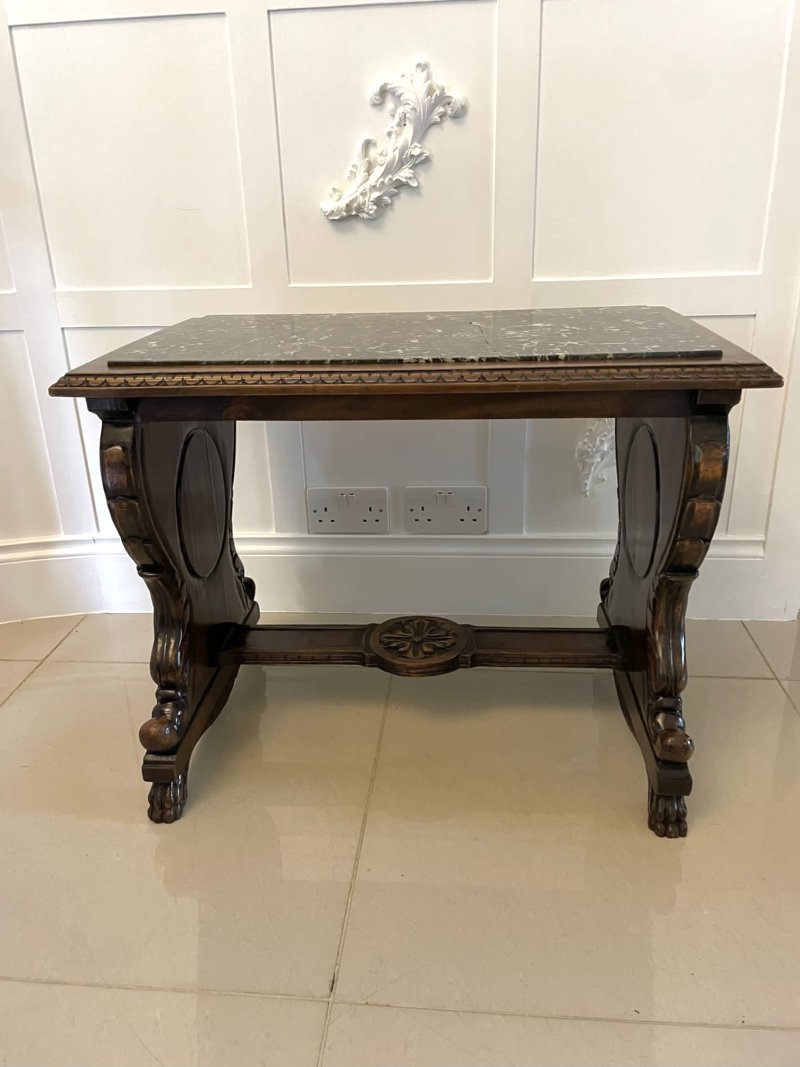 Unusual Antique Victorian Quality Carved Walnut and Marble Top Italian Coffee Table - Image 3