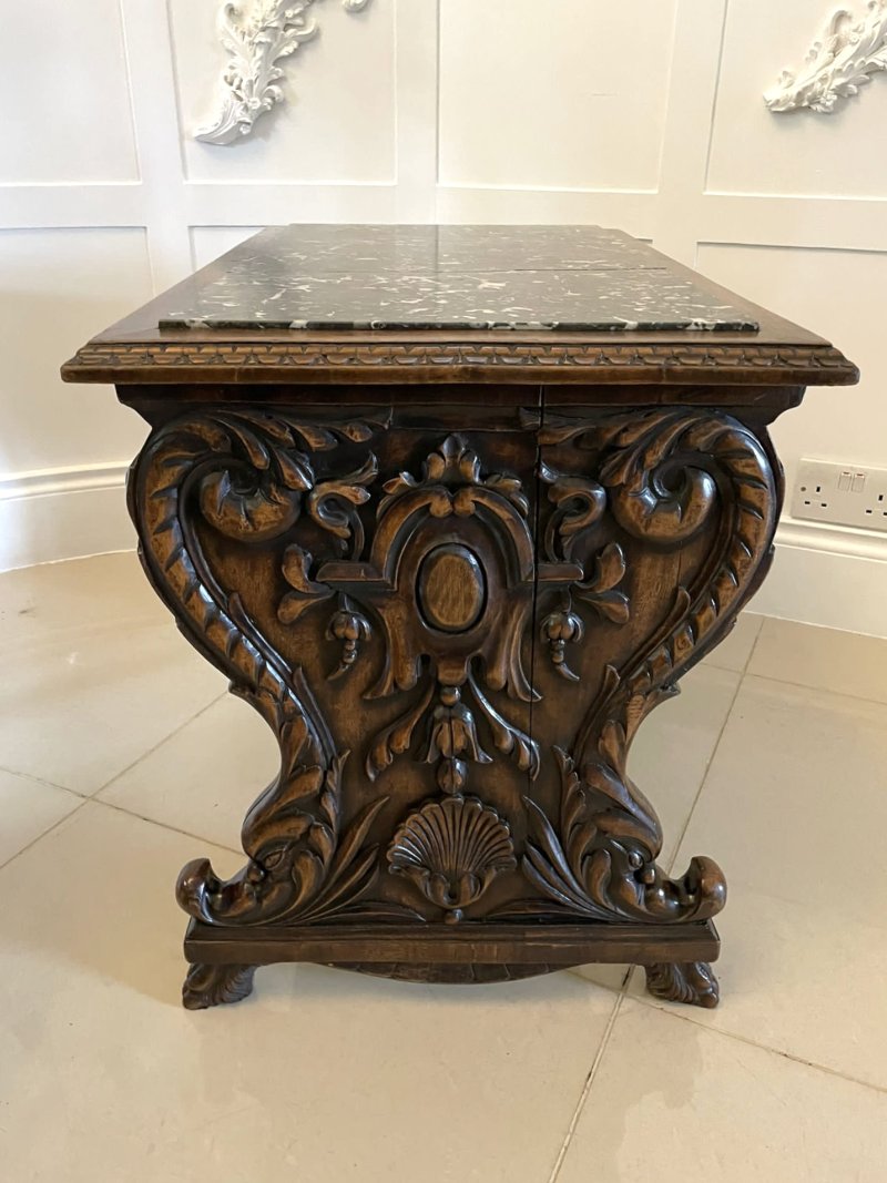 Unusual Antique Victorian Quality Carved Walnut and Marble Top Italian Coffee Table - Image 11