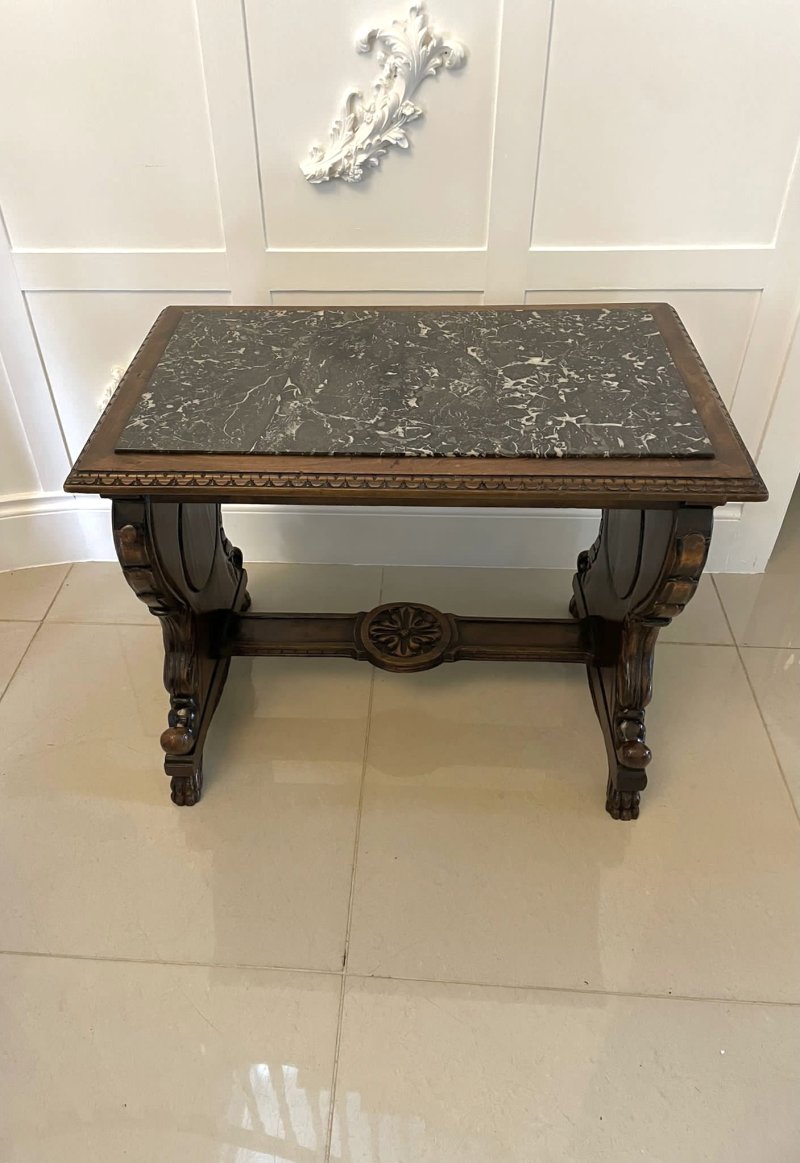 Unusual Antique Victorian Quality Carved Walnut and Marble Top Italian Coffee Table - Image 2