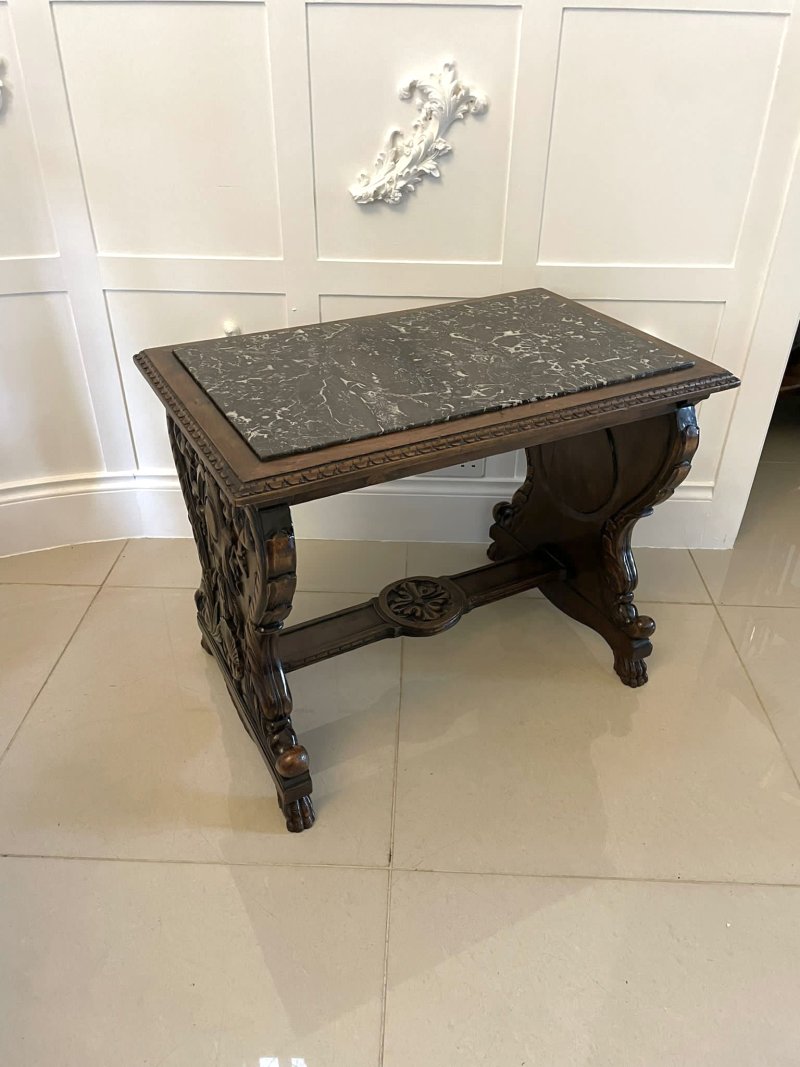 Unusual Antique Victorian Quality Carved Walnut and Marble Top Italian Coffee Table