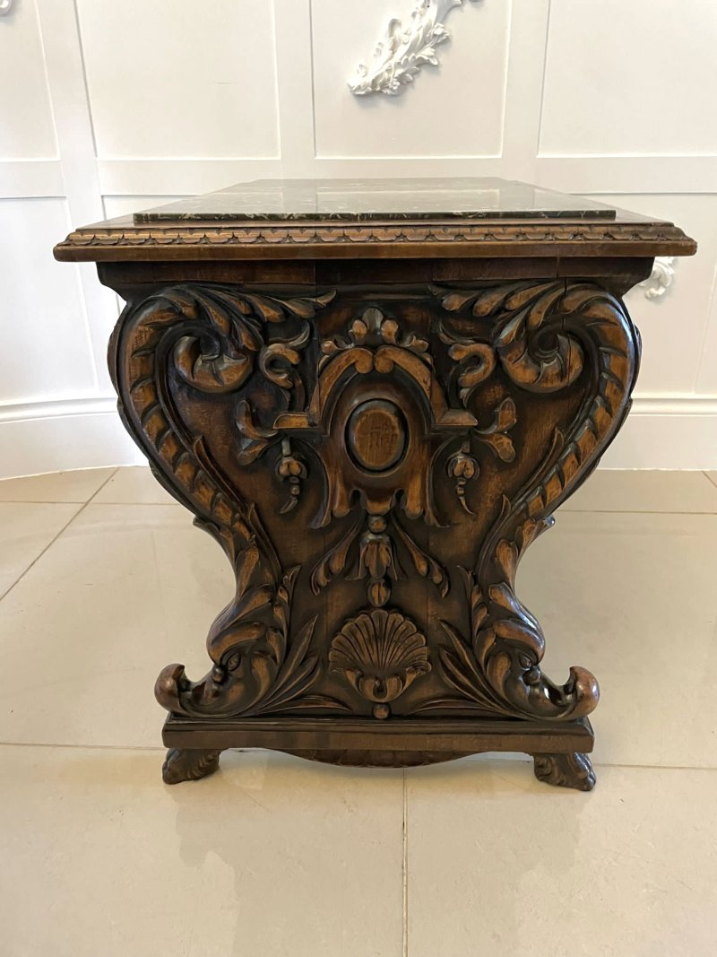 Unusual Antique Victorian Quality Carved Walnut and Marble Top Italian Coffee Table - Image 9