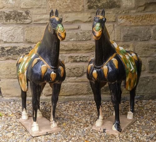 Handsome Pair Of Large Chinese Tang Horses In Sancai Glaze